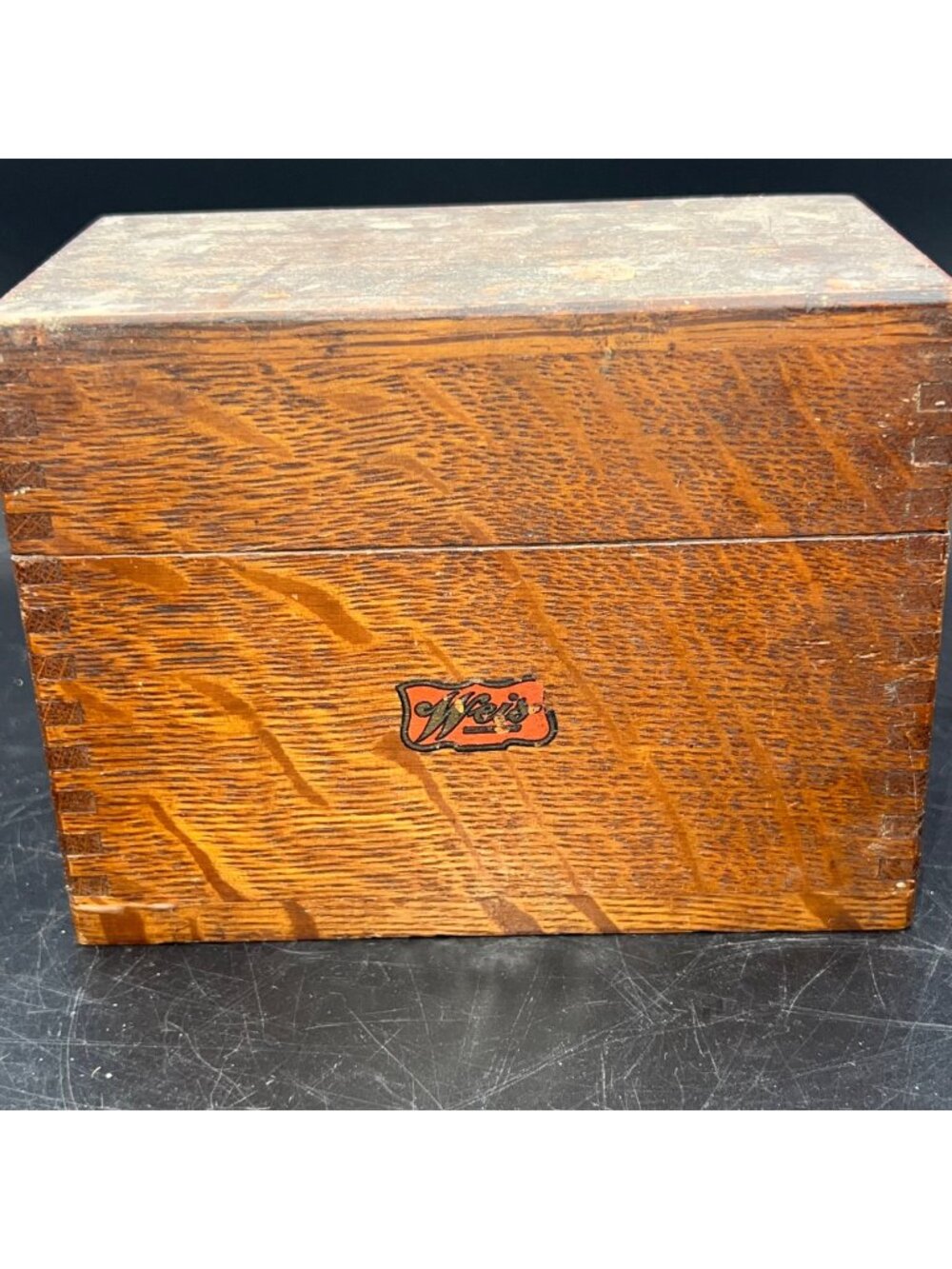 Antique Weis Oak Wooden Recipe Box Dovetail Construction Vintage Patina Brown